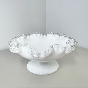 VTG Silver Glass Fenton Milk Glass Ruffle Crimped Edge Footed Bowl Candy Dish